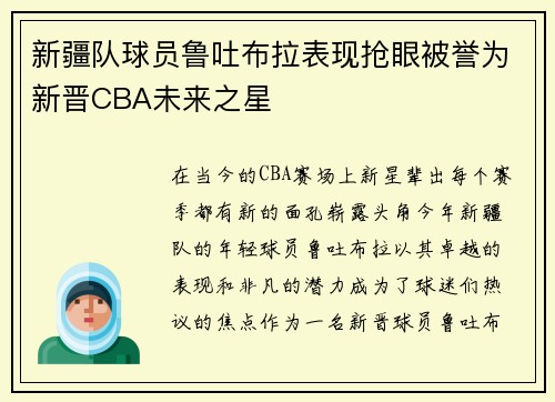 新疆队球员鲁吐布拉表现抢眼被誉为新晋CBA未来之星